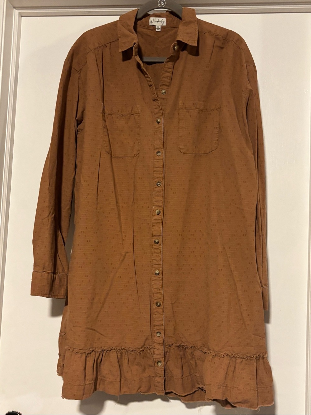 ⭐️Wonderly Rust Brown Button-Front Long Sleeve Ruffle-Hem Dress